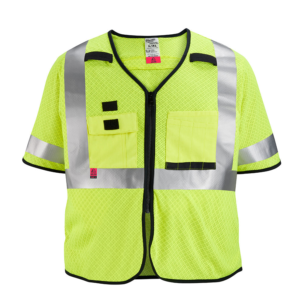 Yellow mesh safety vest with reflective silver stripes, front pockets, and black trim in large size.