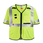 High-visibility yellow mesh safety vest with reflective silver stripes, front pockets, and black trim.
