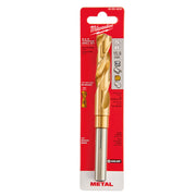 Milwaukee 5/8 inch titanium drill bit with gold-colored flutes and silver reduced shank on red packaging.