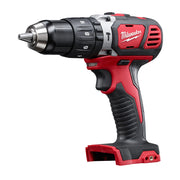 Milwaukee M18 compact hammer drill/driver with red and black body, metal chuck, and numbered dial on black collar.