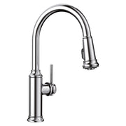 Chrome pull-down kitchen faucet with curved spout and single lever handle.