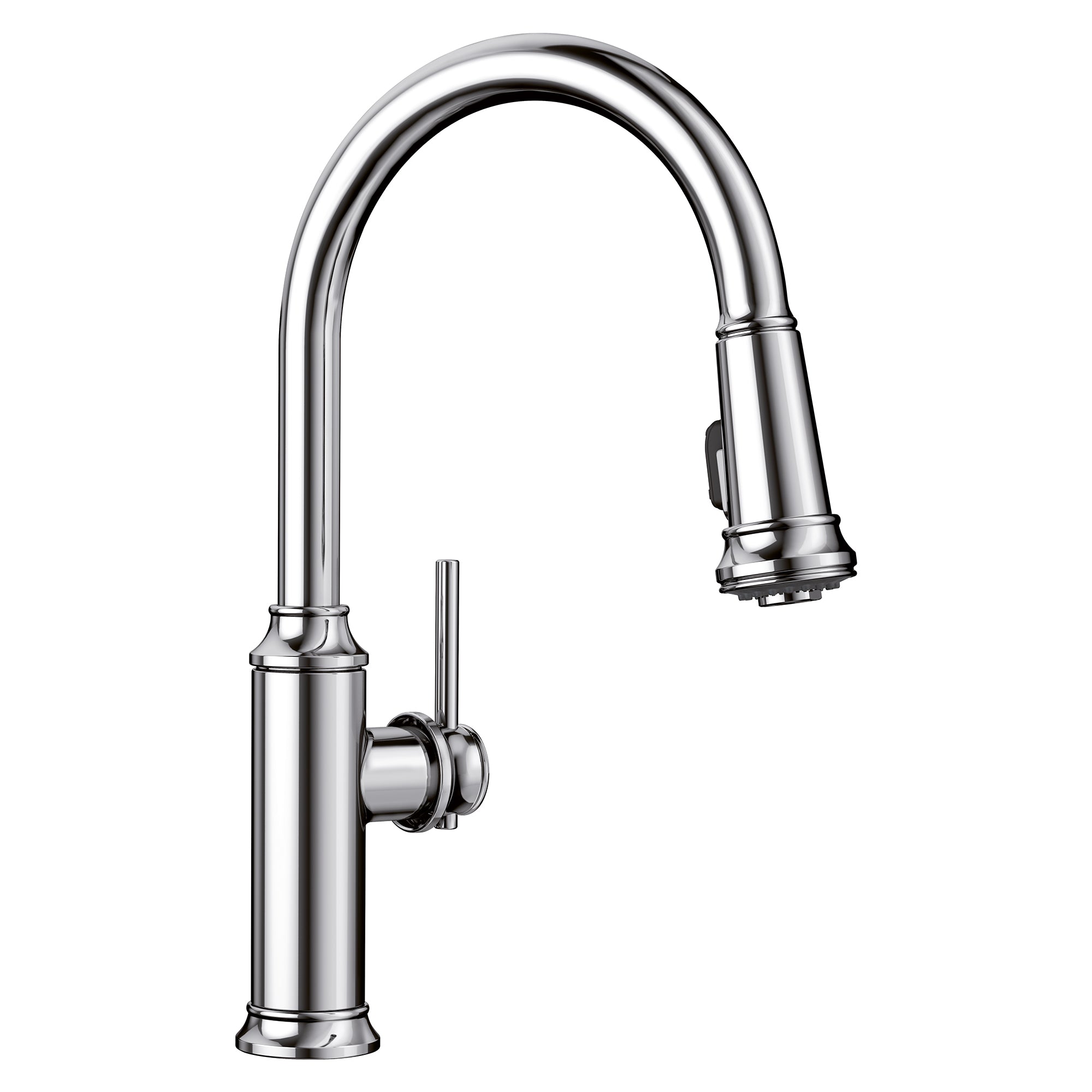 Chrome pull-down kitchen faucet with curved spout and single lever handle.
