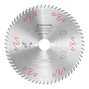 Circular saw blade with carbide-tipped teeth and central mounting hole, marked Freud LU2D04, made in Italy.