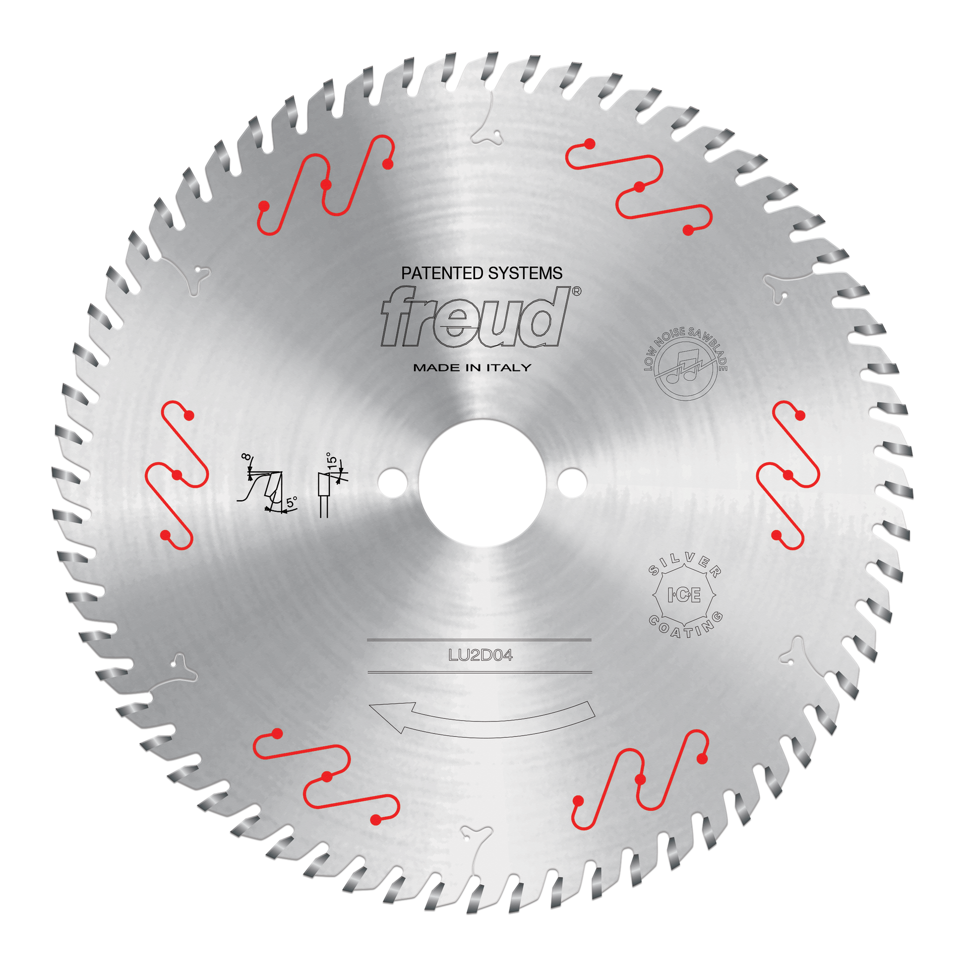 Circular saw blade with carbide-tipped teeth and central mounting hole, marked Freud LU2D04, made in Italy.