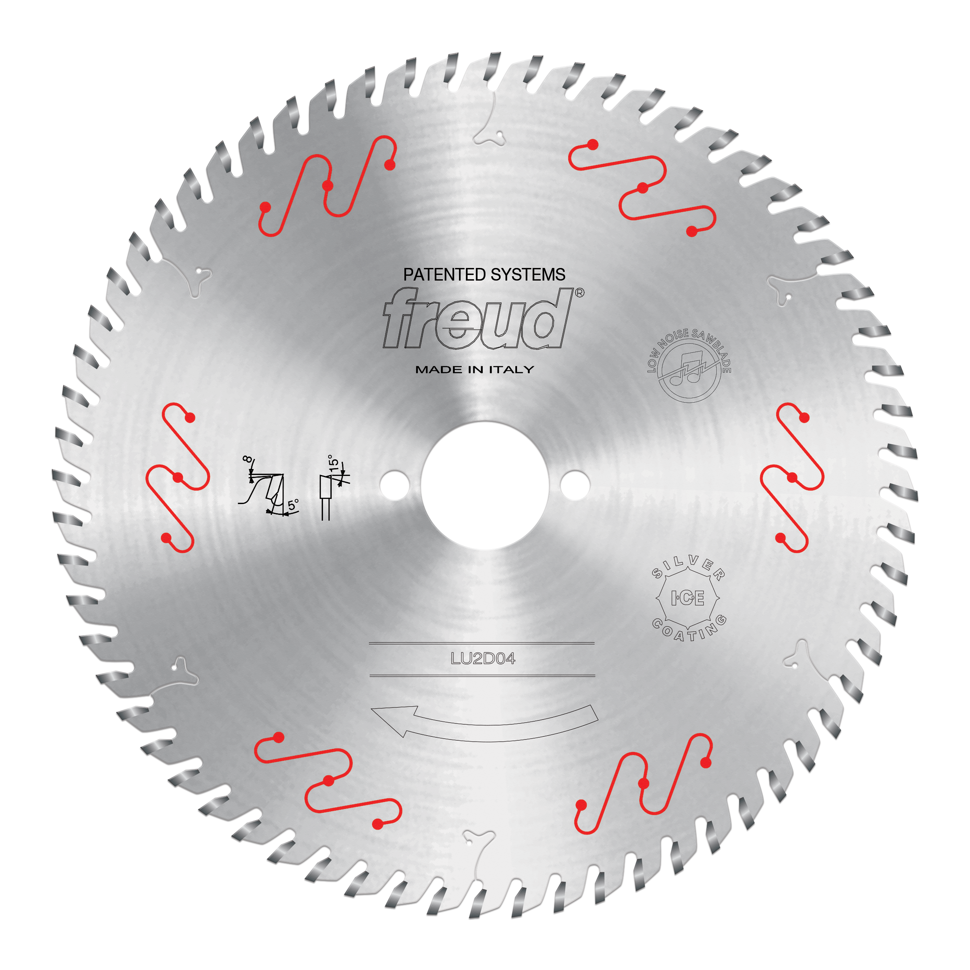 Circular saw blade with carbide-tipped teeth and central mounting hole, marked Freud LU2D04, made in Italy.