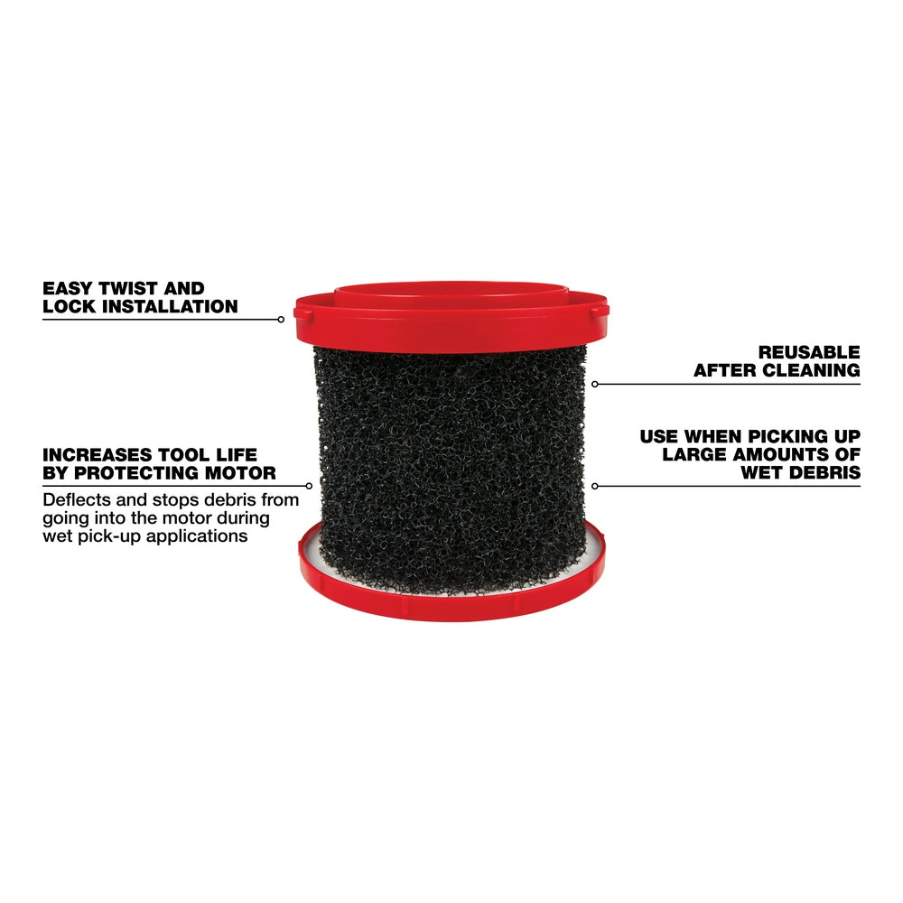 Red and black cylindrical foam wet filter with twist-lock top and bottom caps for wet debris collection.