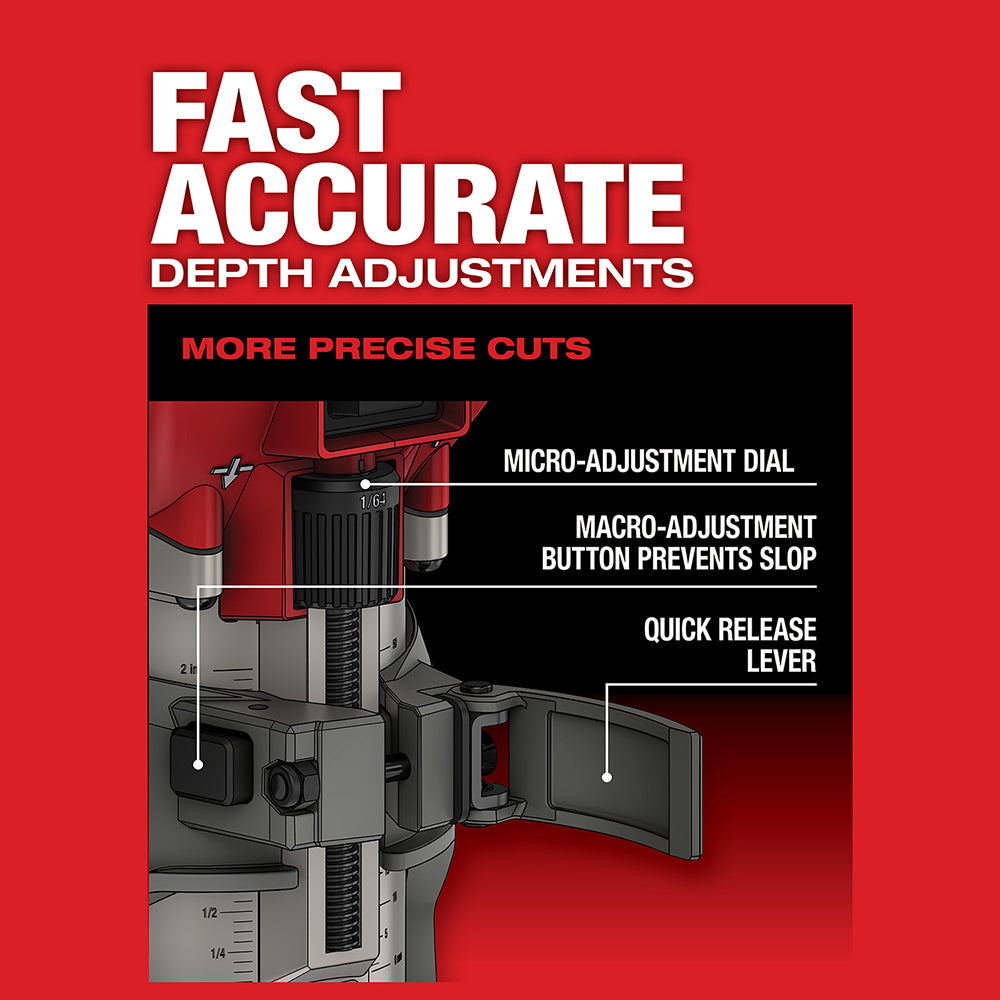 Milwaukee M18 FUEL compact router showing micro-adjustment dial, macro-adjustment button, and quick release lever for depth a