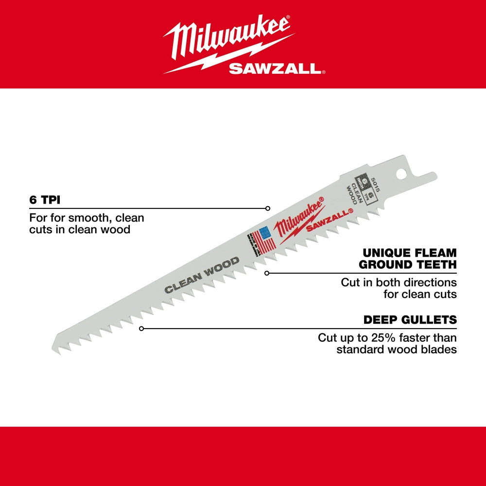 Milwaukee 9-inch SAWZALL blade with 6 TPI fleam ground teeth and mounting tab, displayed at angle.