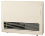 White wall-mounted Rinnai gas furnace with horizontal dark grille vents and rounded corners.