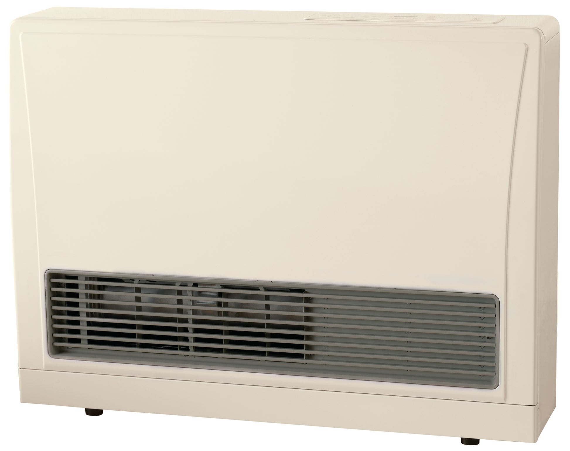 White rectangular wall-mounted furnace with horizontal dark louvered vent panel and black feet.