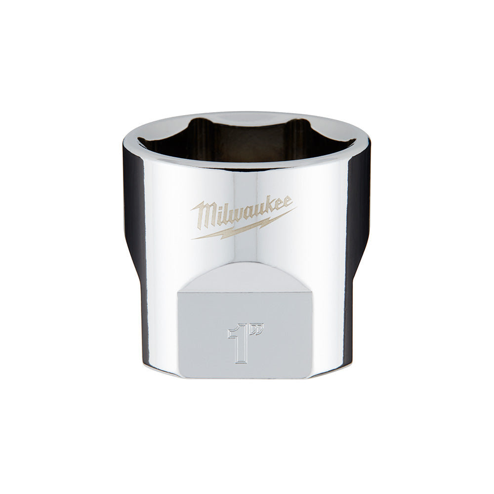 Milwaukee 3/8 in. drive 1 in. SAE 6-point chrome socket with hexagonal opening.