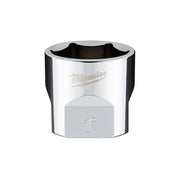 Milwaukee 3/8 in. drive 1 in. SAE 6-point chrome socket with hexagonal opening.
