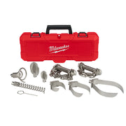 Milwaukee sectional cable head attachment kit containing various metal augers, chains, and cutting heads in red carrying case