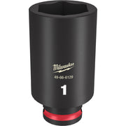 Black cylindrical socket with hexagonal opening, red band at base, Milwaukee branding and model number 49-66-6129 printed on 
