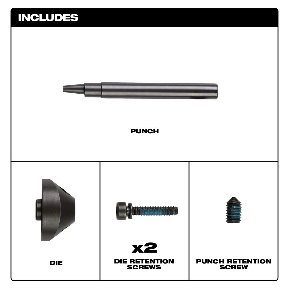 Milwaukee M12 FUEL 16 Ga nibbler punch, die, two die retention screws, and punch retention screw.