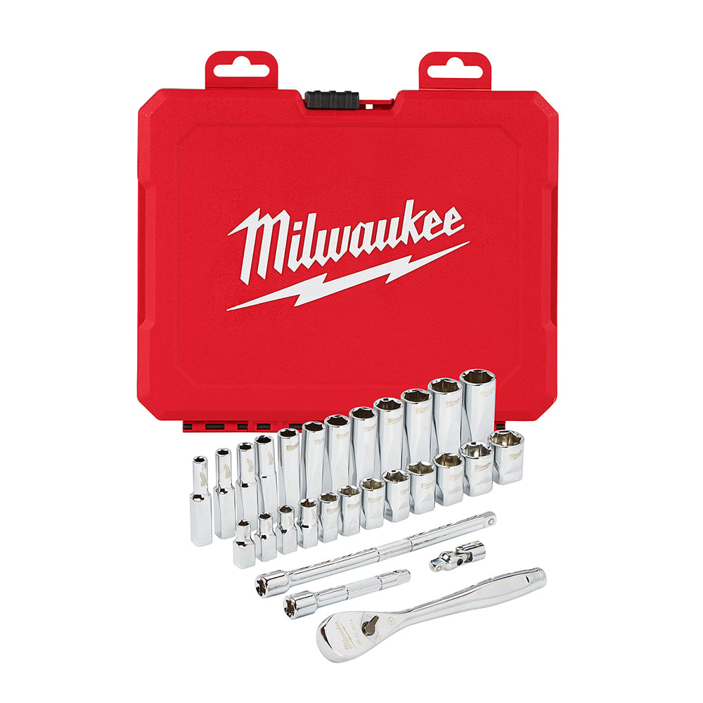 Milwaukee 1/4 inch drive ratchet and socket set with 28 metric sockets, extensions, and universal joint in red carrying case.