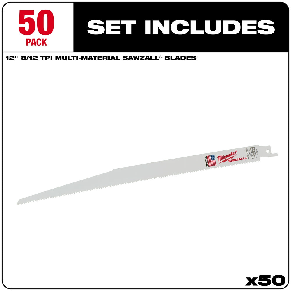 Milwaukee 12 inch SAWZALL blade with 8/12 TPI teeth and red/white label on mounting end.
