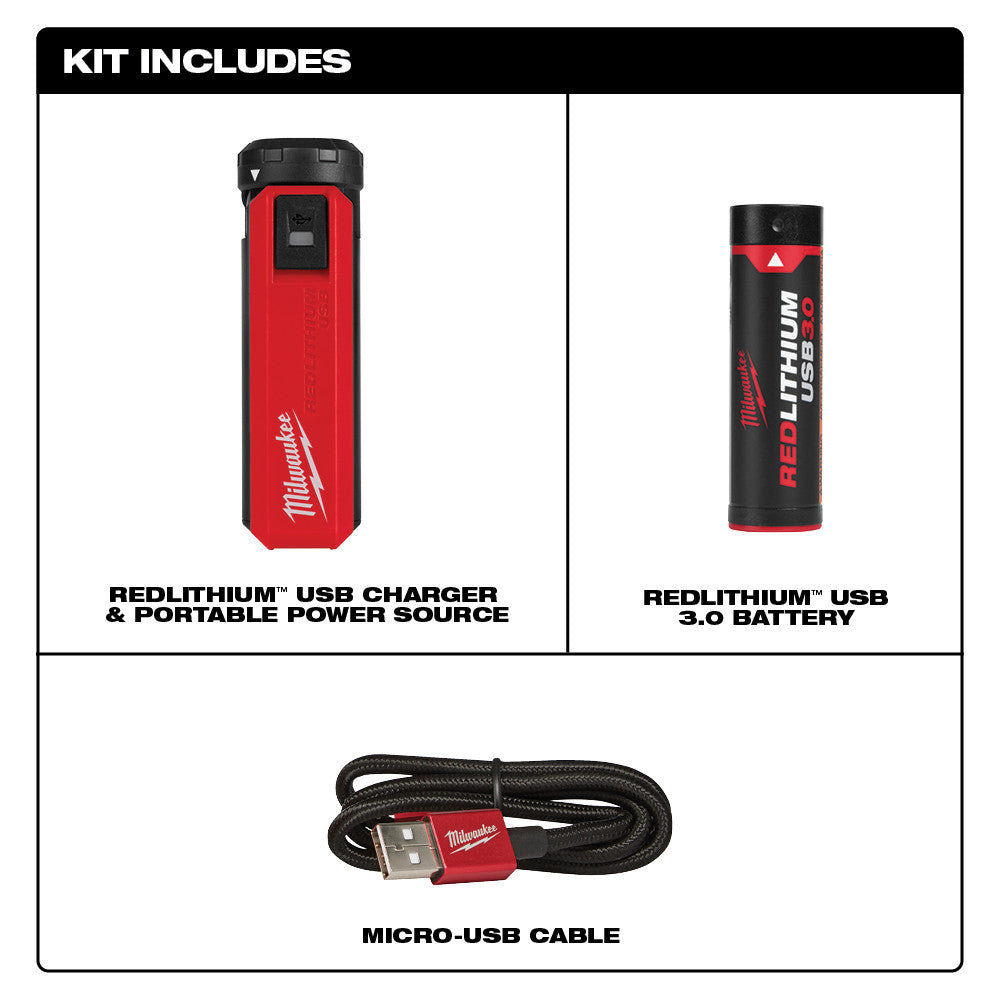 Red and black REDLITHIUM USB charger, cylindrical battery, and micro-USB cable included in kit.