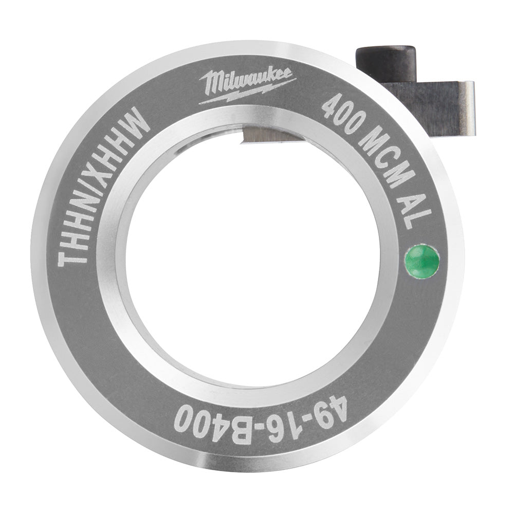 Milwaukee 400 MCM aluminum THHN/XHHW bushing with gray metal ring, green indicator dot, and black connector tab.