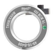 Milwaukee 400 MCM aluminum THHN/XHHW bushing with gray metal ring, green indicator dot, and black connector tab.
