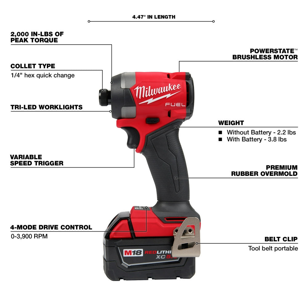 Milwaukee M18 FUEL brushless impact driver with red and black body, 1/4" hex quick change collet, and attached battery pack.