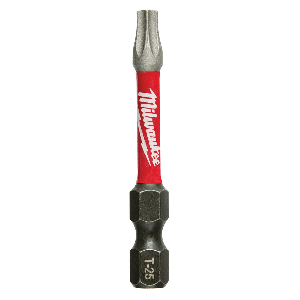 Milwaukee Shockwave T25 Torx impact power bit with red sleeve and gray metal tip and hex shank.