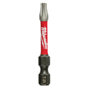 Milwaukee Shockwave T25 Torx impact power bit with red sleeve and gray metal tip and hex shank.