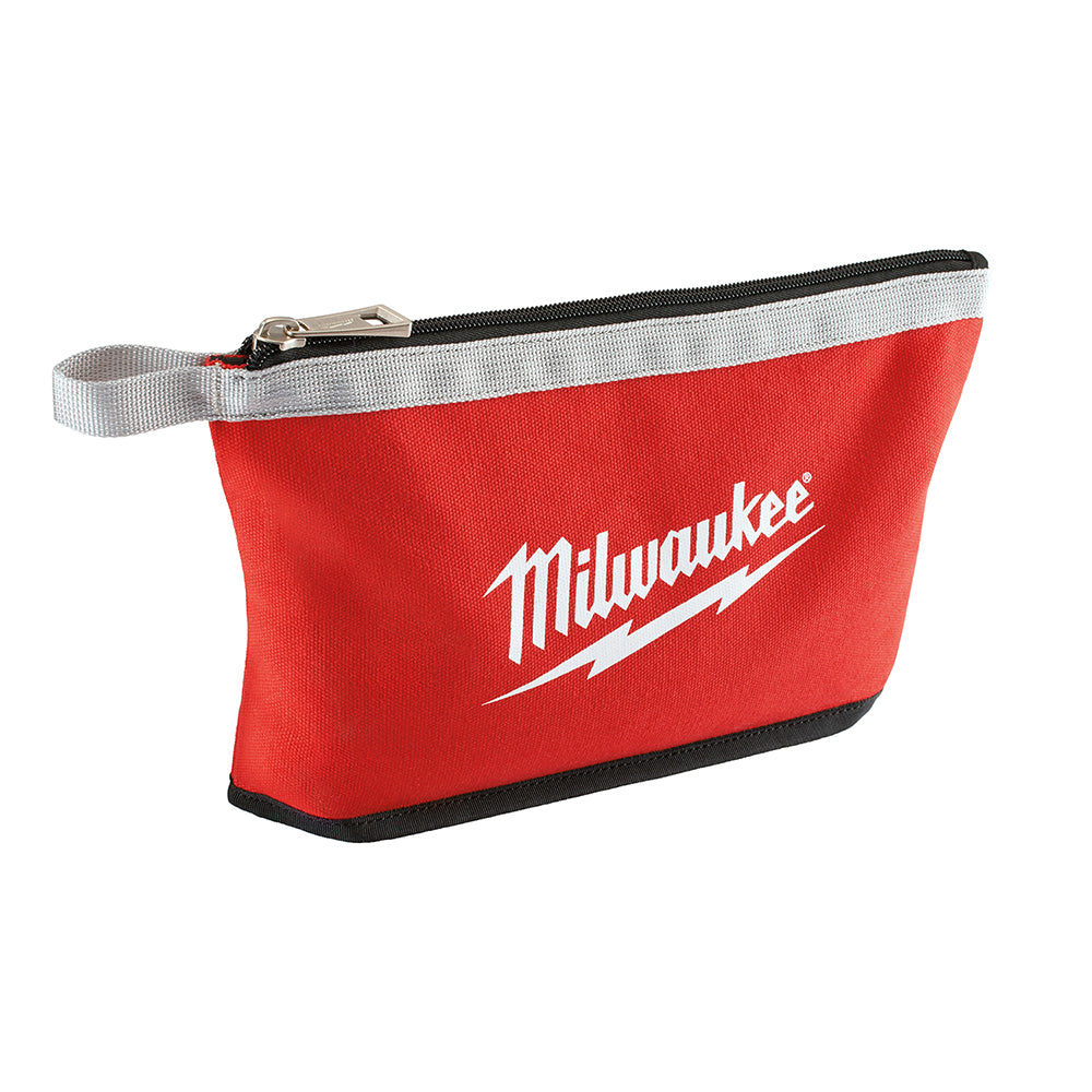 Red canvas pouch with black zipper, white webbing handle, and Milwaukee logo.