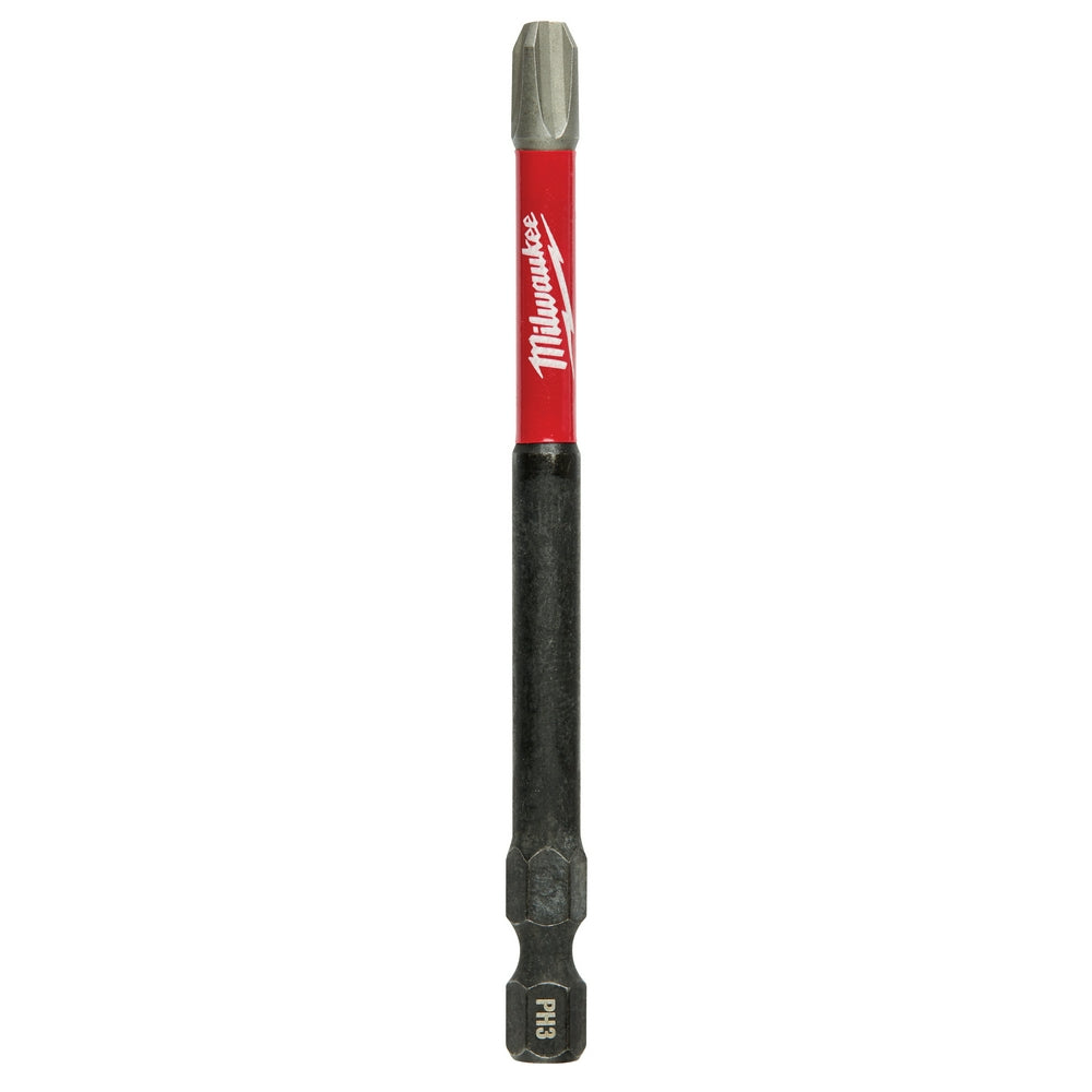 Milwaukee Shockwave Phillips #3 power bit with red and black shaft, gray tip, and impact-rated design.