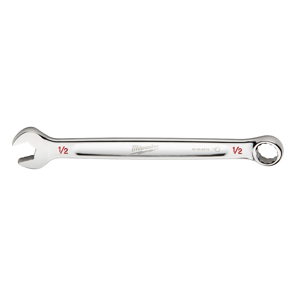 Silver metal combination wrench with 1/2 inch open and ring ends, marked with red size indicators and Milwaukee branding.
