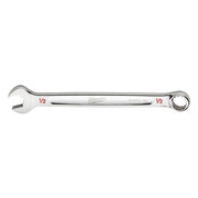 Silver metal combination wrench with 1/2 inch open and ring ends, marked with red size indicators and Milwaukee branding.