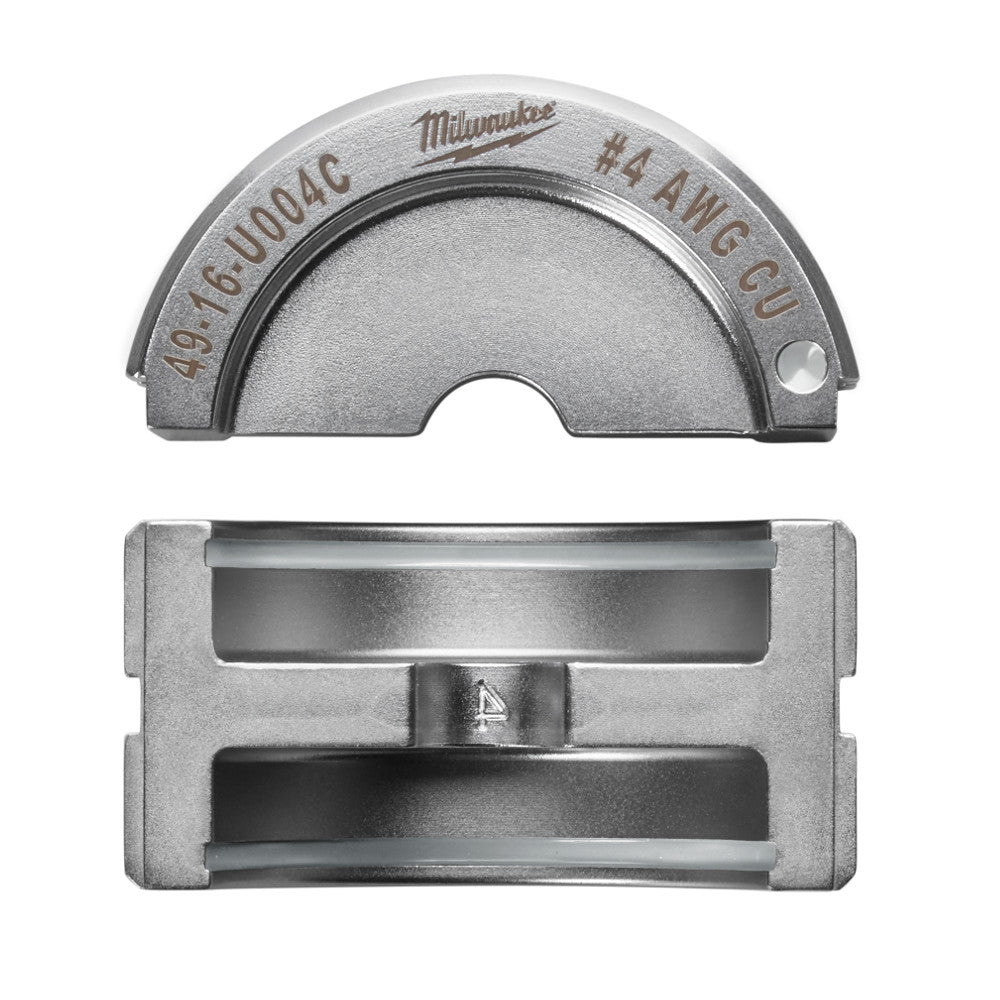 Milwaukee #4 copper U-style die showing top curved view and bottom rectangular cutting chamber view.
