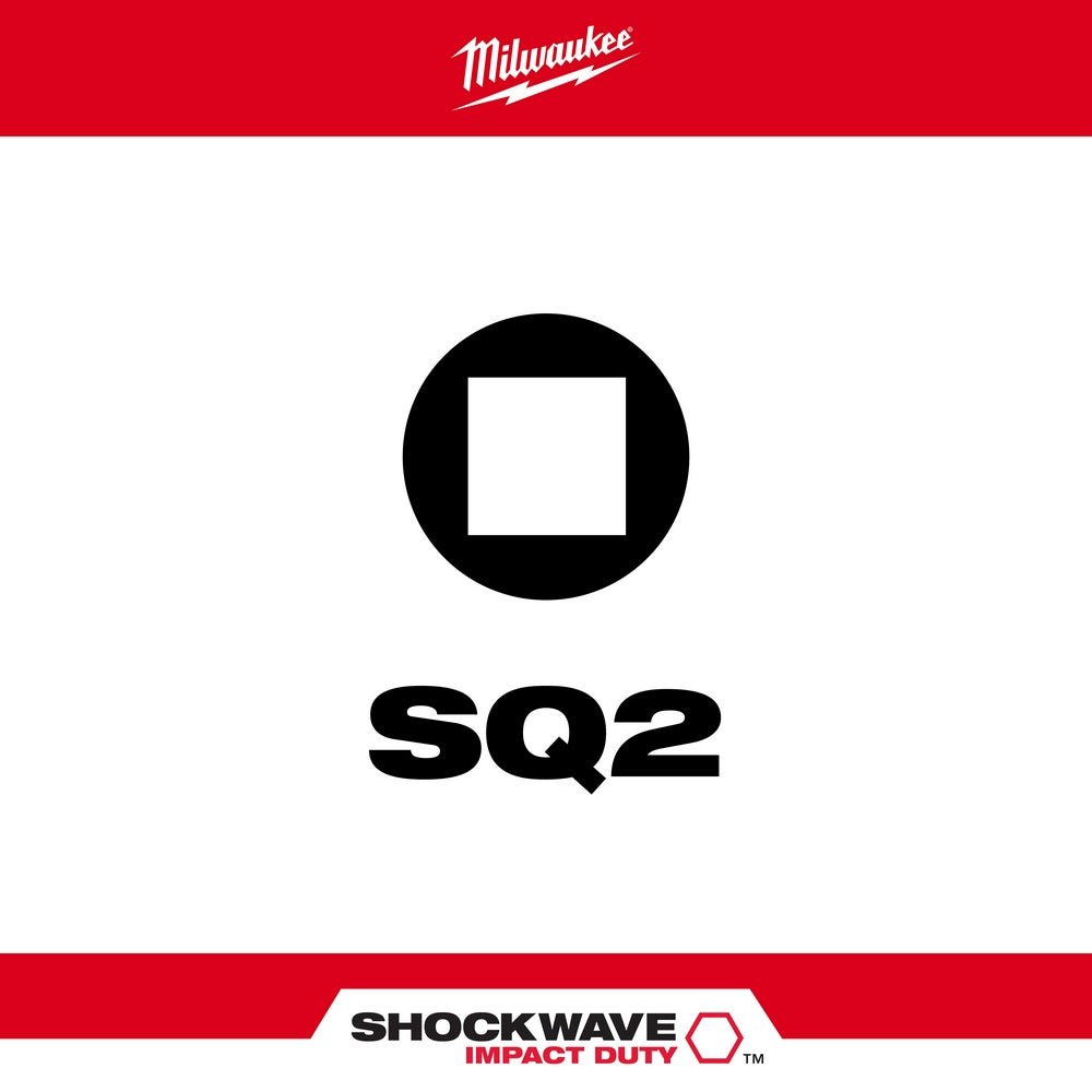 Black SQ2 square drive impact bit with white center, Milwaukee Shockwave branding and logo visible.