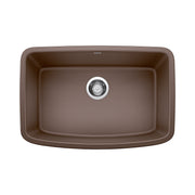 Cafe brown single bowl undermount sink with rounded corners and chrome drain fixture, viewed from above.