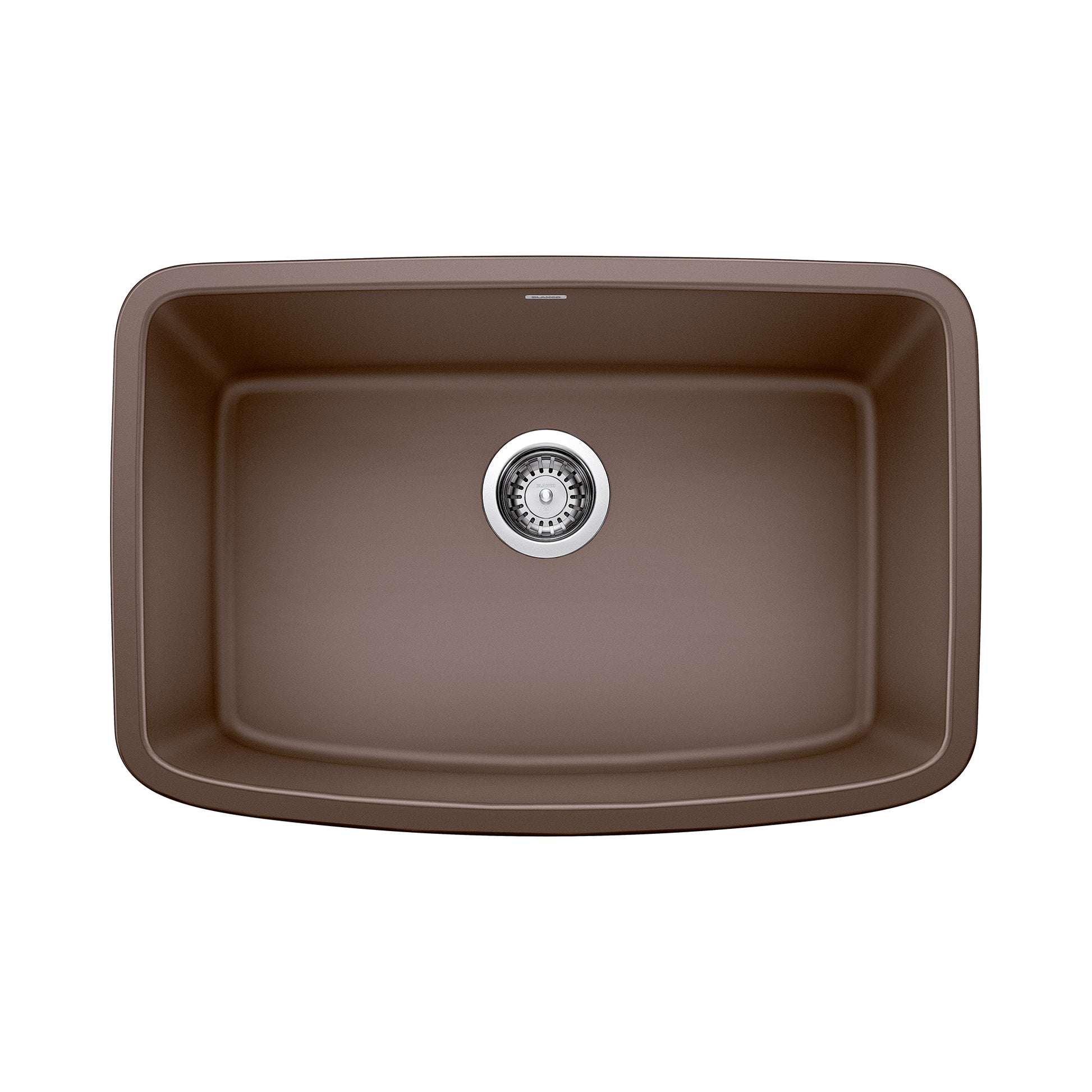 Cafe brown single bowl undermount sink with rounded corners and chrome drain fixture, viewed from above.