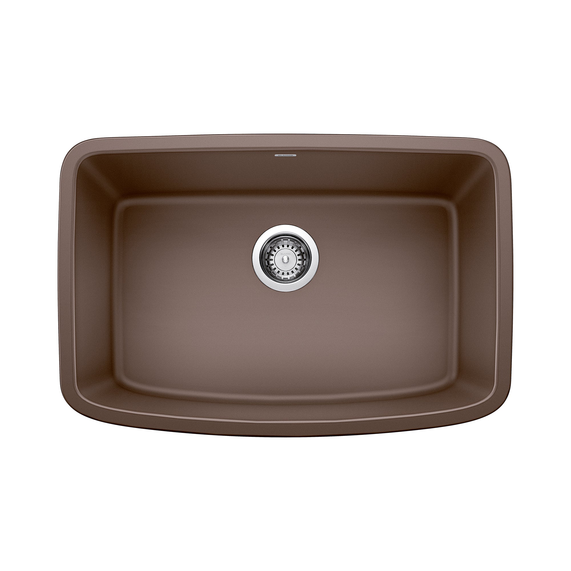 Cafe brown single bowl undermount sink with rounded corners and chrome drain fixture, viewed from above.