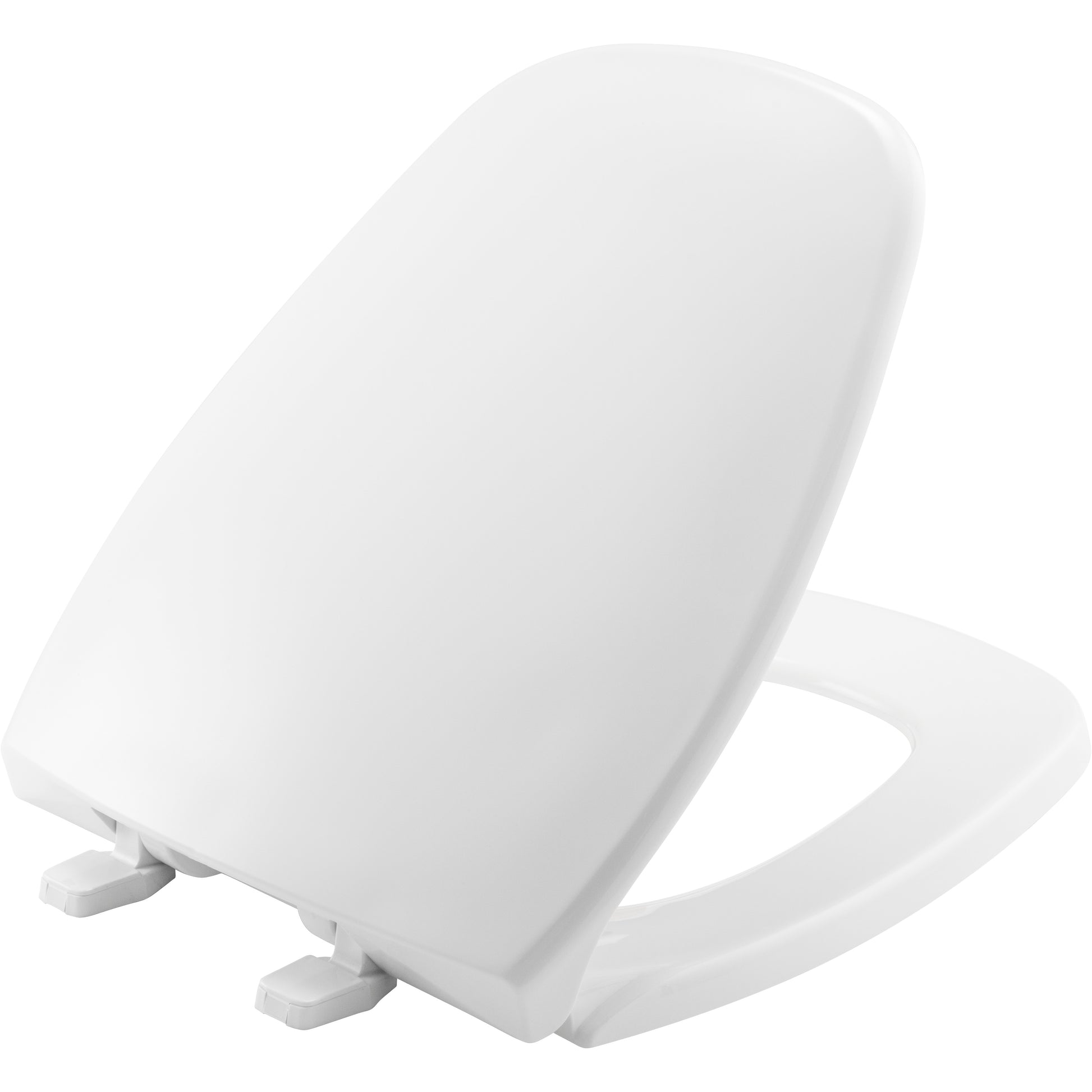 White round plastic toilet seat with hinges and mounting hardware visible from the side.