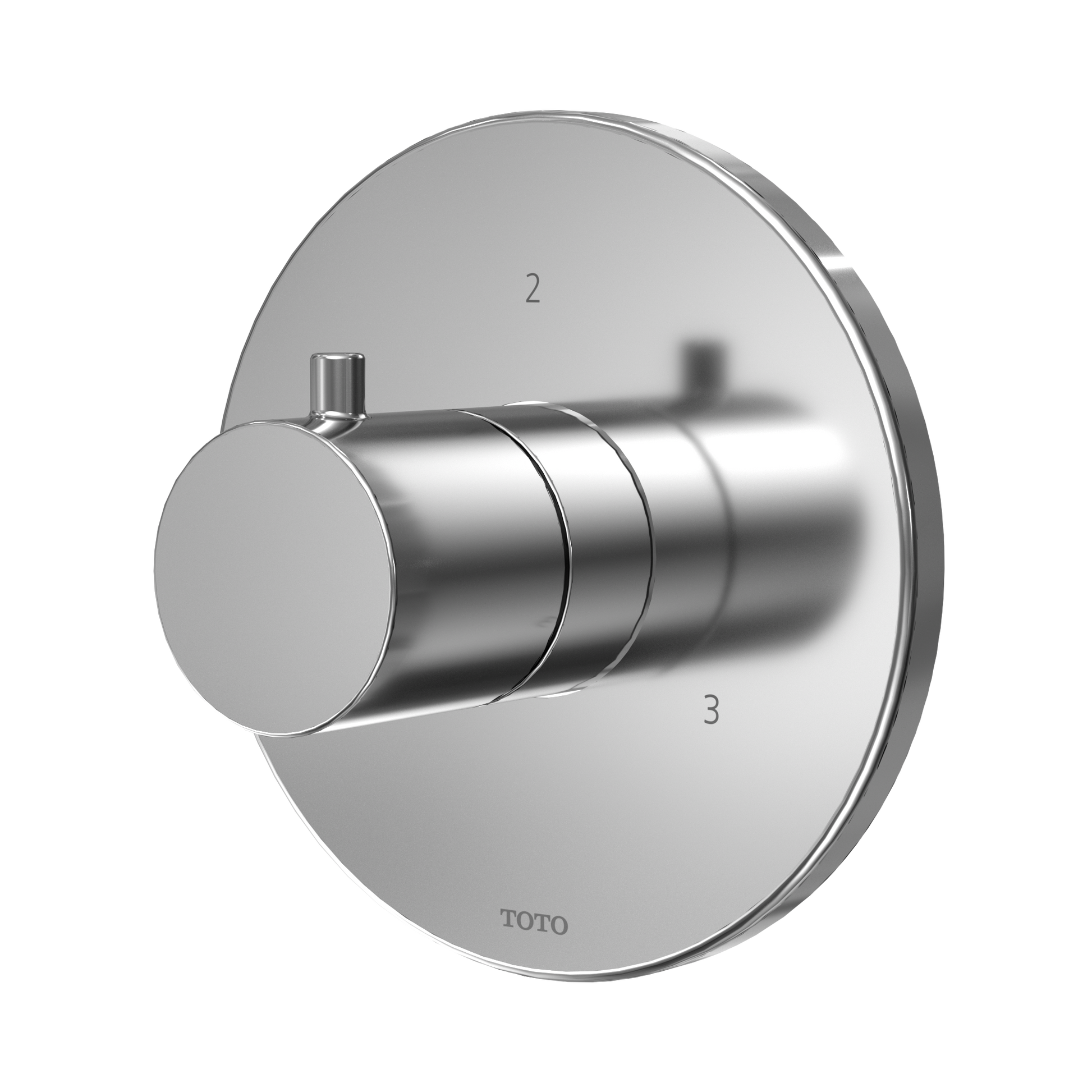 Polished chrome round three-way diverter shower trim with cylindrical handle and numbered port positions.