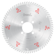 Silver circular saw blade with multiple teeth around edge, center mounting hole, and red manufacturer markings on gray face.