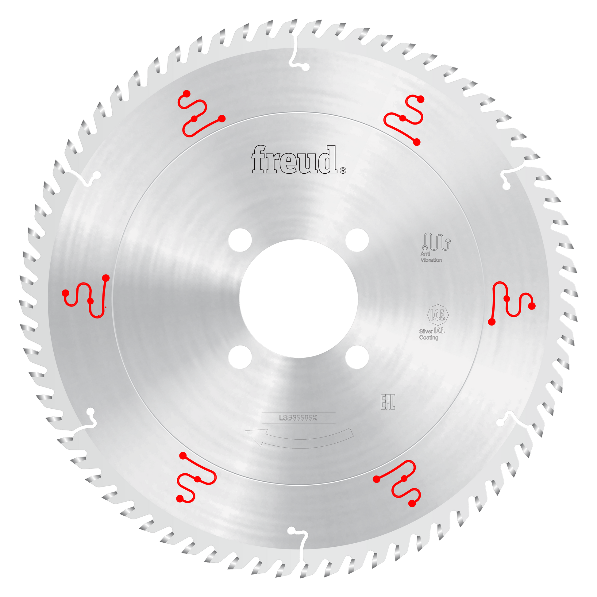 Silver circular saw blade with multiple teeth around edge, center mounting hole, and red manufacturer markings on gray face.