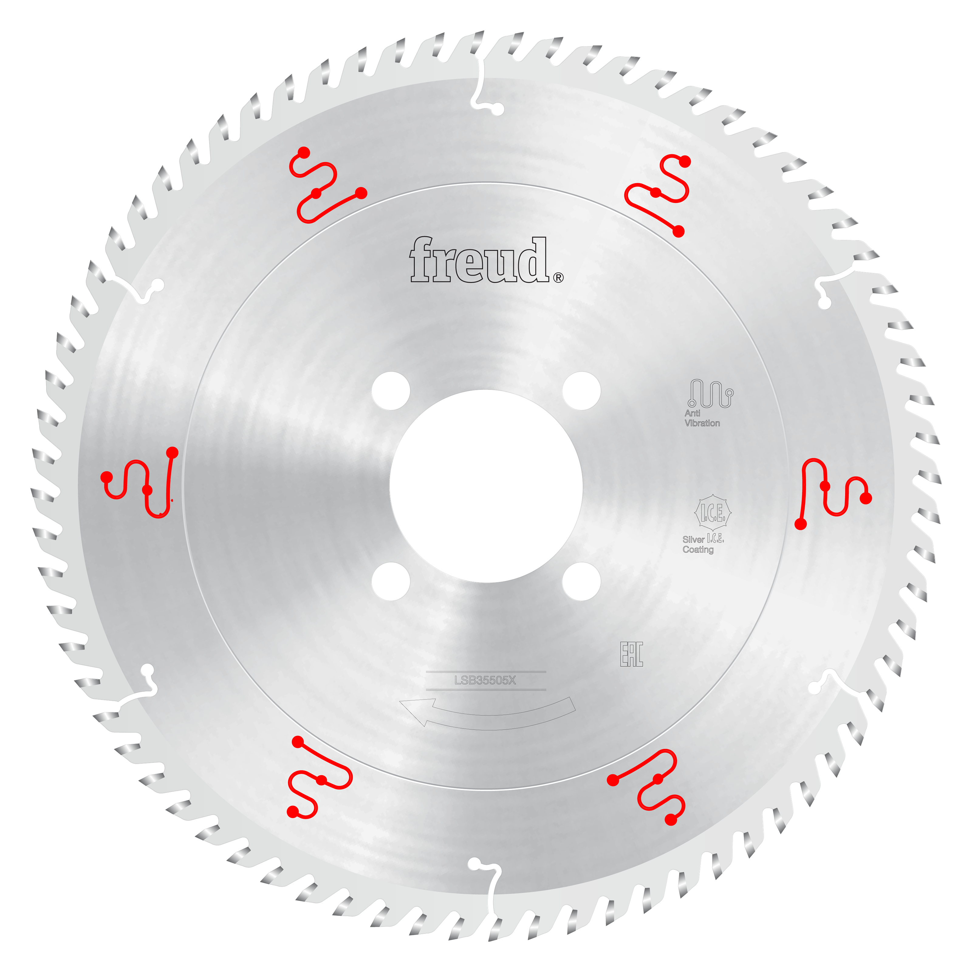 Silver circular saw blade with multiple teeth around edge, center mounting hole, and red manufacturer markings on gray face.