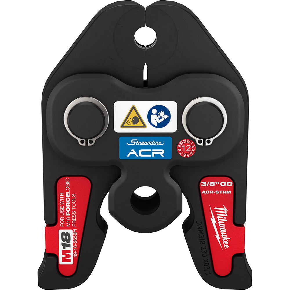 Black and red press jaw with two circular openings and center slot for 3/8" ACR Streamline connections.