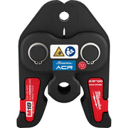 Black and red press jaw with two circular openings and center slot for 3/8" ACR Streamline connections.
