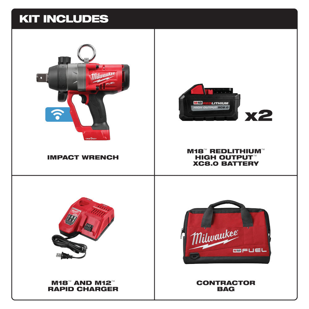Red and black Milwaukee M18 FUEL impact wrench with ONE-KEY, two XC8.0 batteries, dual charger, and contractor bag.