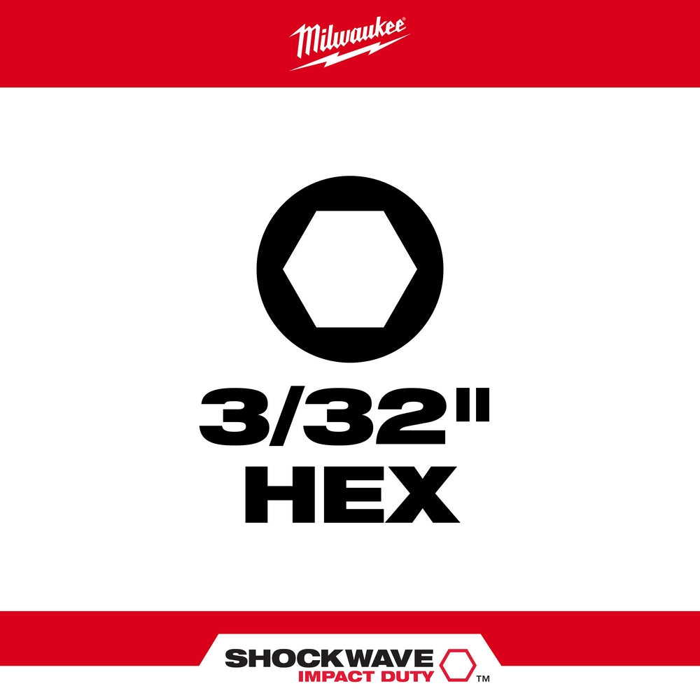 Black hexagonal socket symbol with "3/32" HEX" text and Milwaukee Shockwave Impact Duty branding on red and white background.