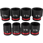 Eight black 3/4" drive SAE sockets with red bands, labeled 1, 1 1/16, 1 1/8, 1 3/16, 1 1/4, 1 5/16, 1 3/