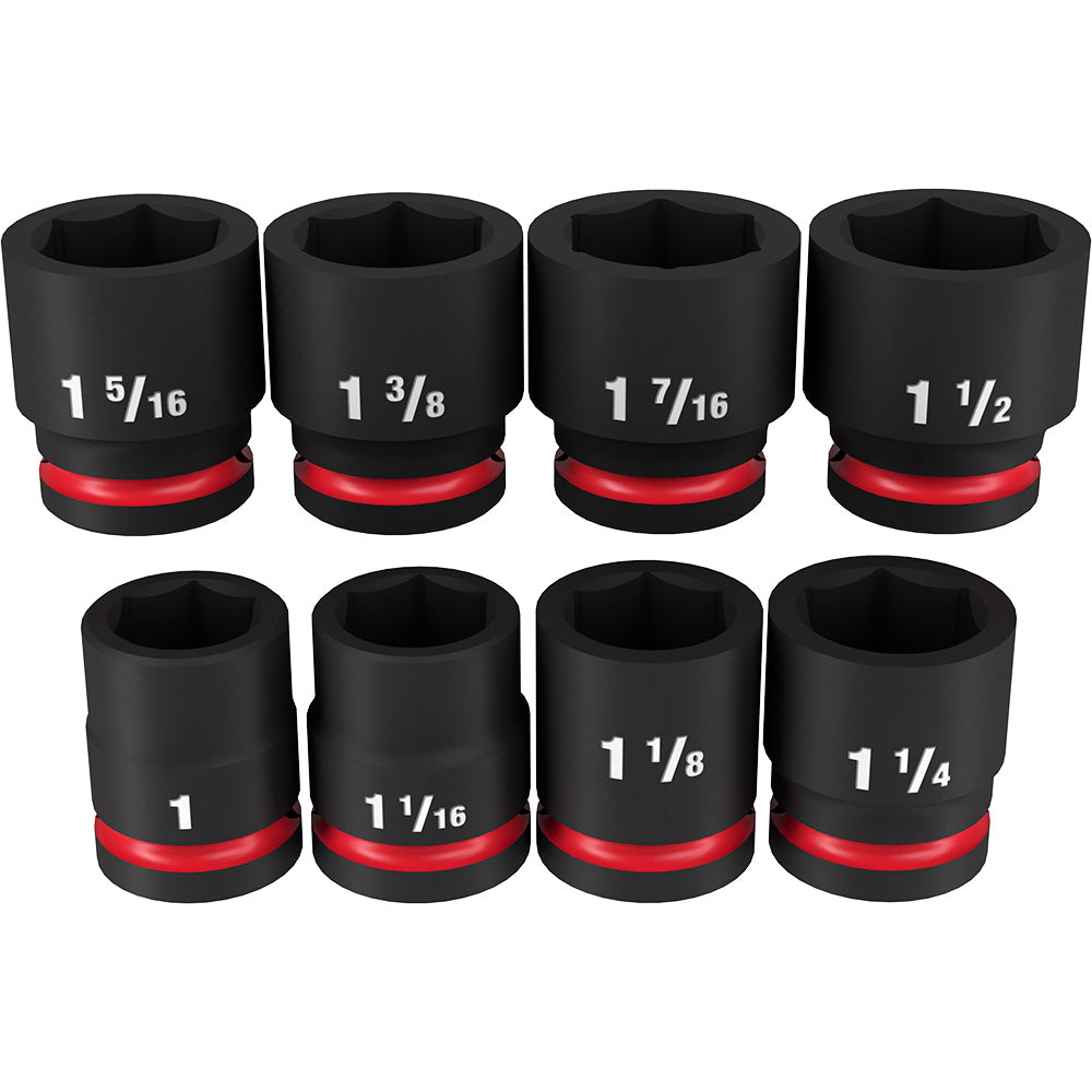 Eight black 3/4" drive SAE sockets with red bands, labeled 1, 1 1/16, 1 1/8, 1 3/16, 1 1/4, 1 5/16, 1 3/