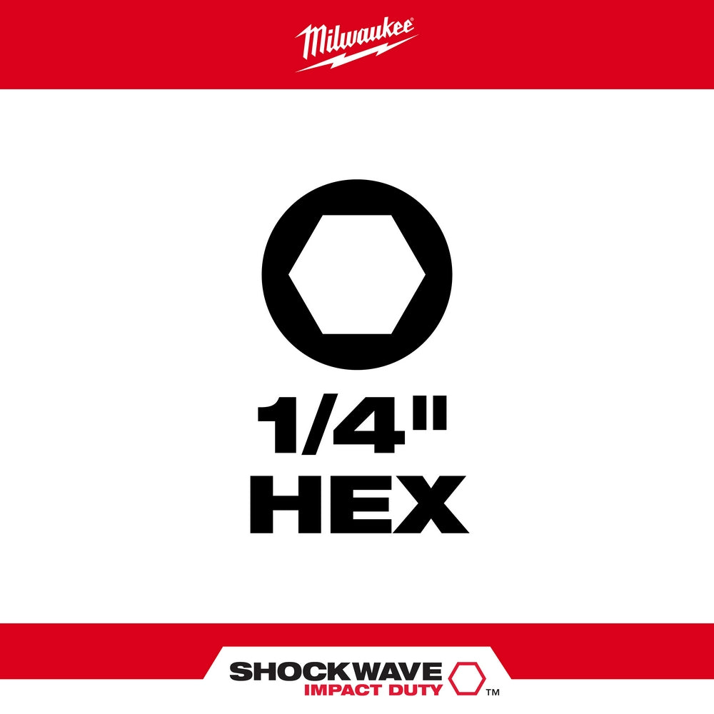 Black hexagonal socket icon labeled 1/4" hex with Milwaukee logo and Shockwave Impact Duty branding.