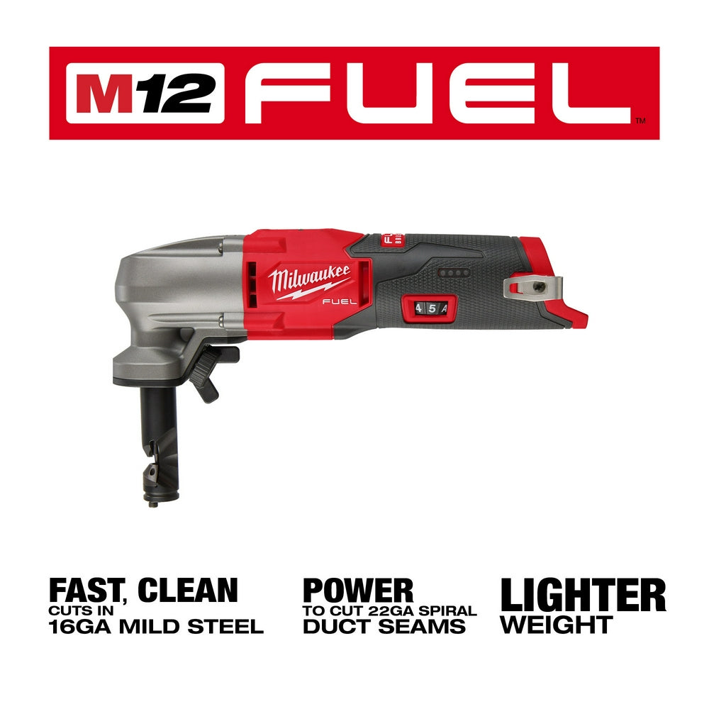 Milwaukee M12 FUEL red and black cordless nibbler with trigger, side handle, and battery indicator display.