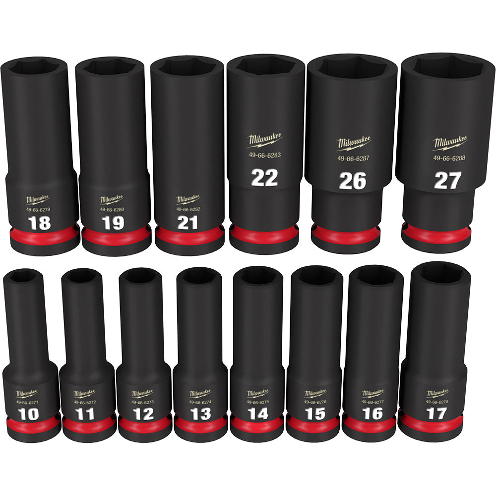 Fourteen black Milwaukee metric deep sockets with red bands, sized 10mm to 27mm, for 1/2" drive.